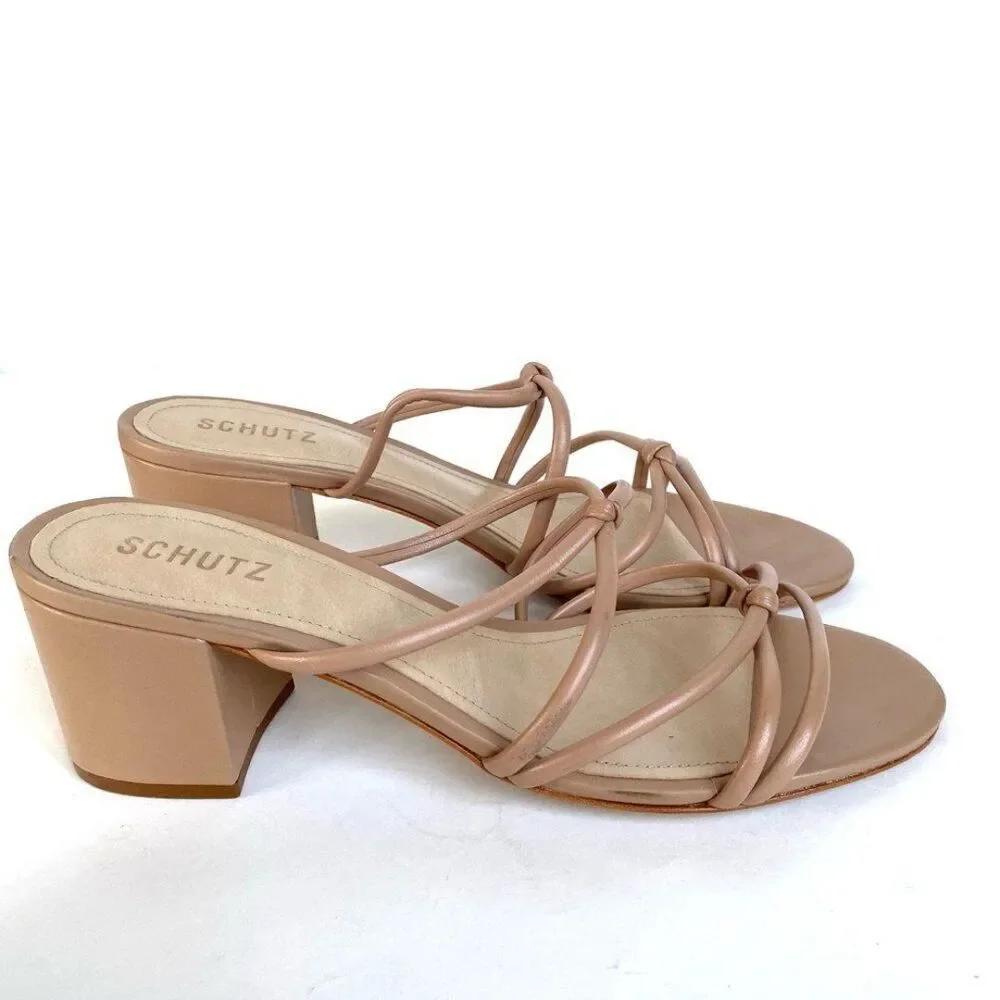 Schutz Princey Leather Strappy Block Heel Slide Sandals Nude Size 10.5 - Picture 2 of 10